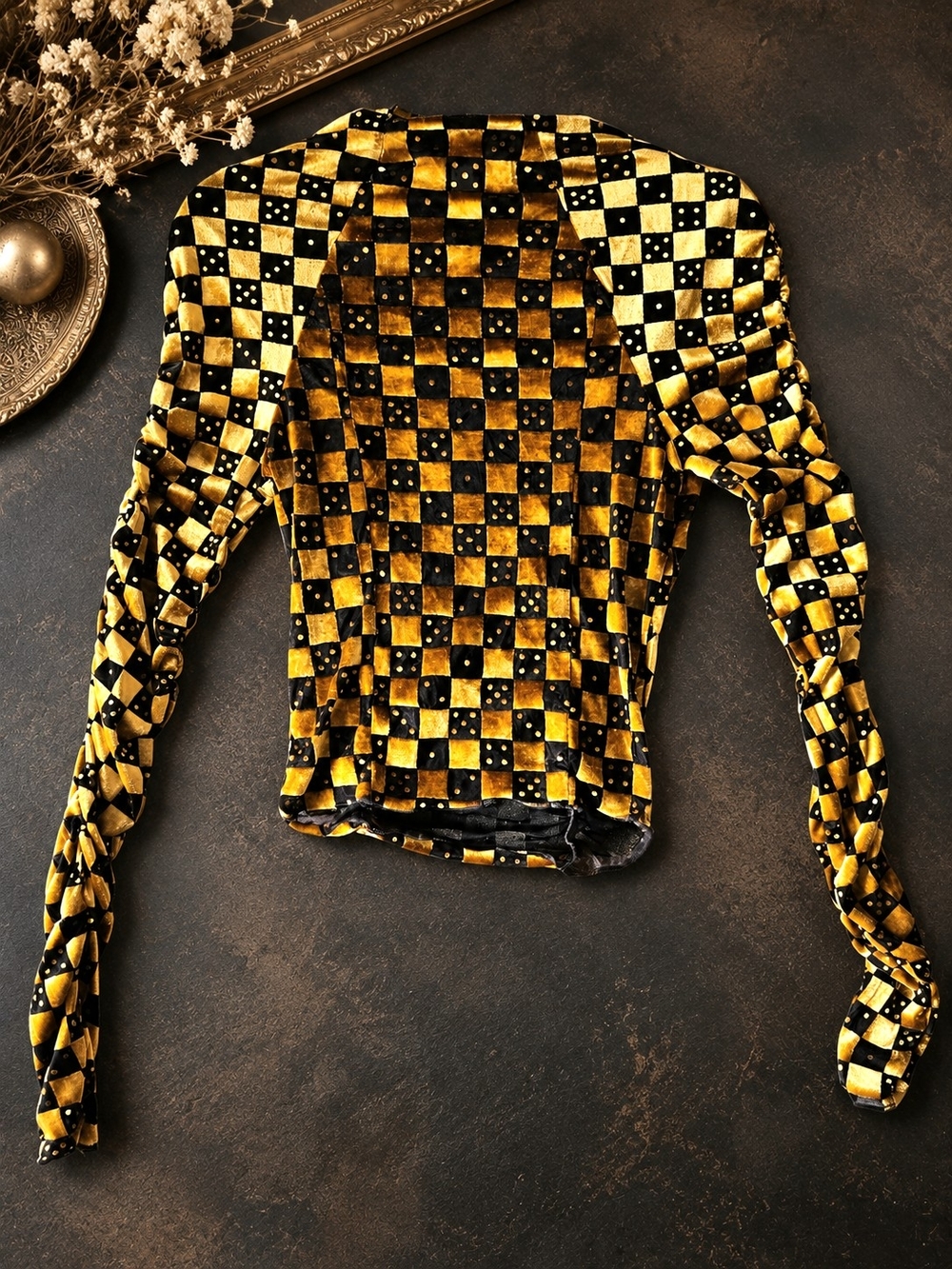 Urban Outfitters Women's Velvet Checkered Top — Gold & Brown